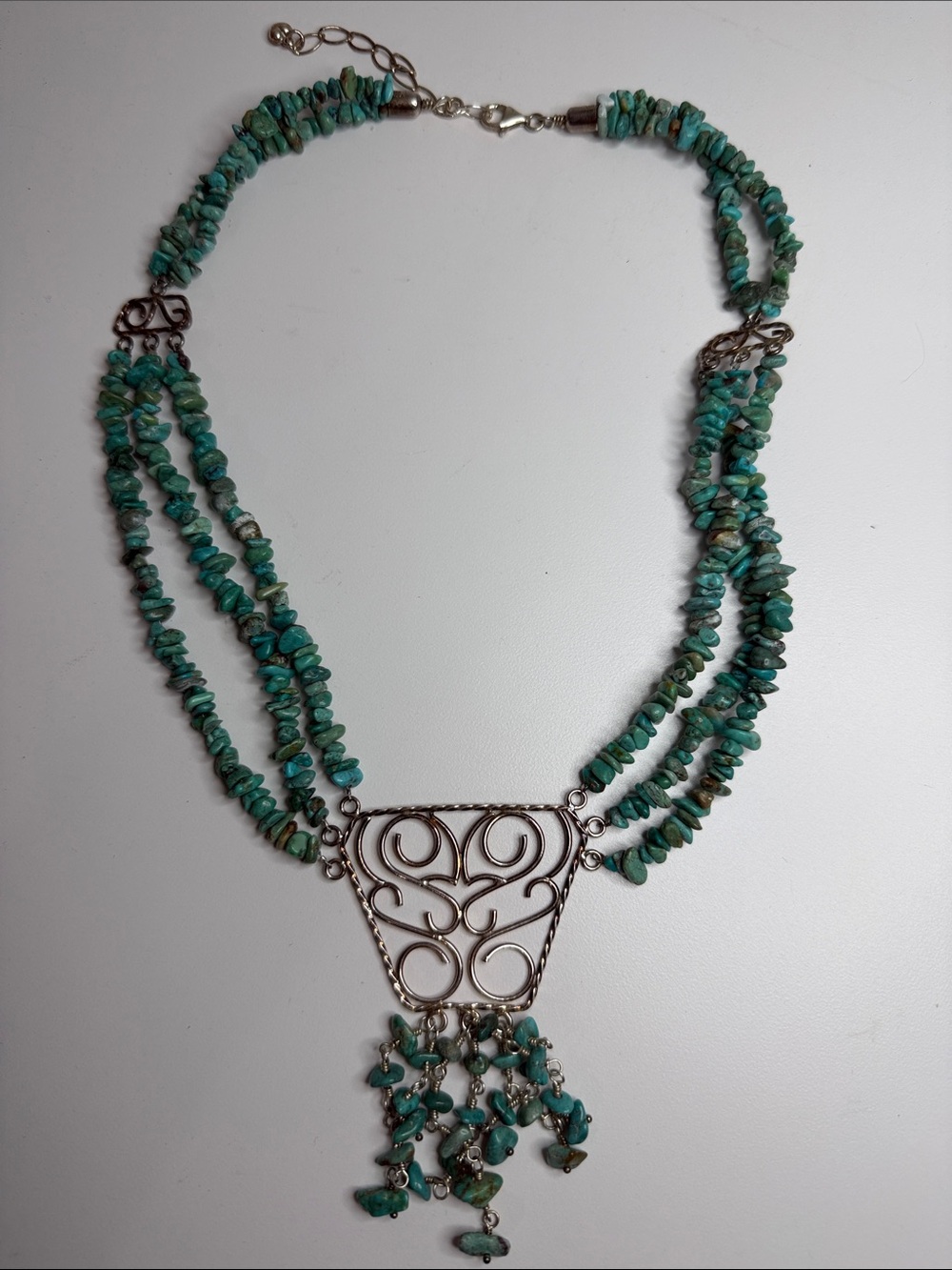 Vintage Turquoise Multi-Strand Beaded Necklace with Silver Filigree